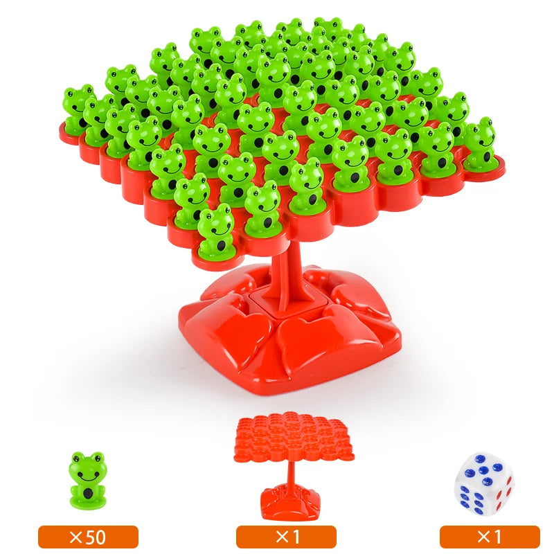A red frog balance tree math game with fifty green frogs and one red frog base.