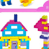A colorful building block structure featuring blue, yellow, and purple pieces.