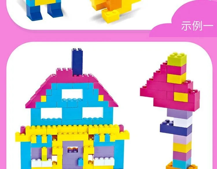 A colorful building block structure featuring blue, yellow, and purple pieces.