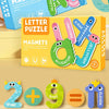 A yellow box of letter puzzle magnets featuring animals like an alligator and unicorn, alongside number pieces.