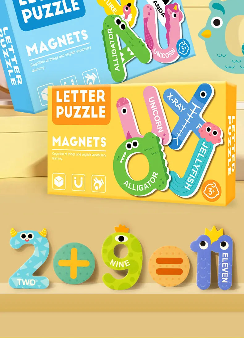 A yellow box of letter puzzle magnets featuring animals like an alligator and unicorn, alongside number pieces.