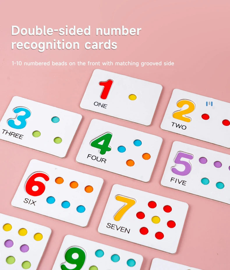 A collection of double-sided number recognition cards numbered 1 through 7 are displayed on a pink background.
