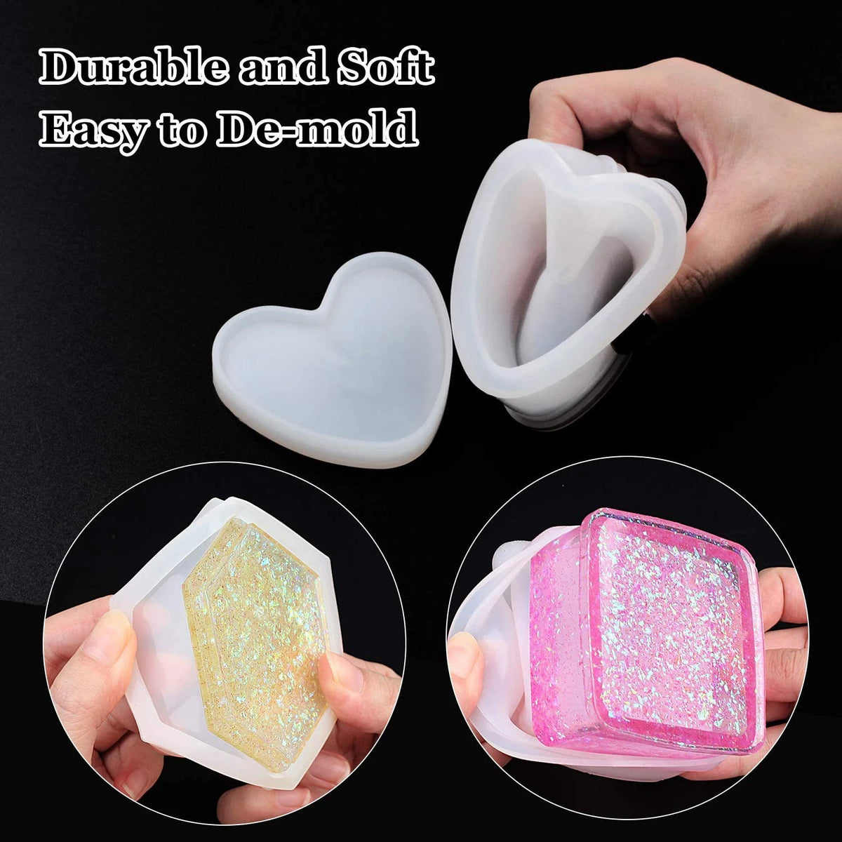 3-Piece Silicone Resin Mold Set with Lids — Heart, Hexagon & Flower Shapes