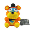 An orange and yellow plush toy resembling a fox character with large ears and a black bowtie.