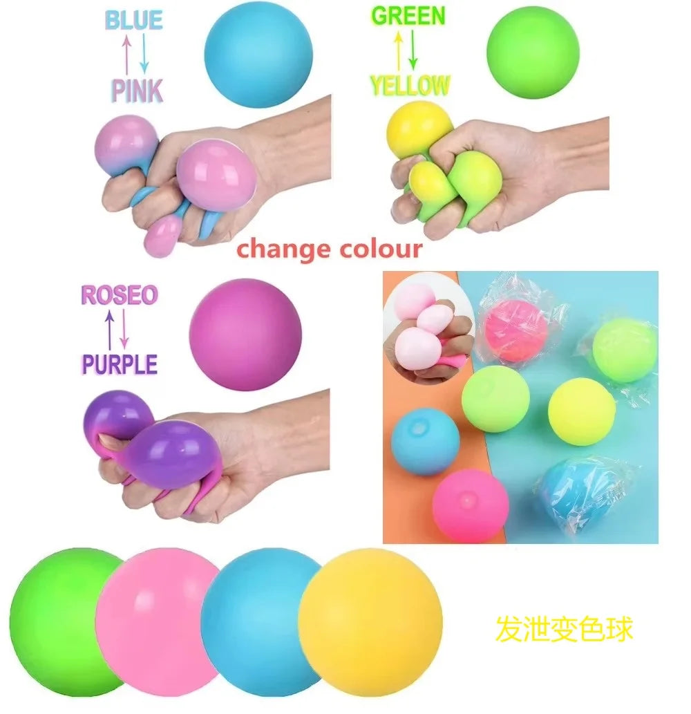 Colorful squishy stress balls in blue, pink, green, yellow, and purple are shown with hands for size comparison.