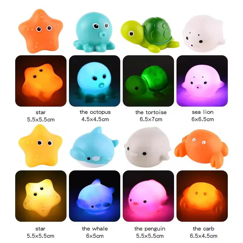 A set of LED light-up bath toys featuring various sea creatures like a star, octopus, tortoise, lion, whale, and penguin.