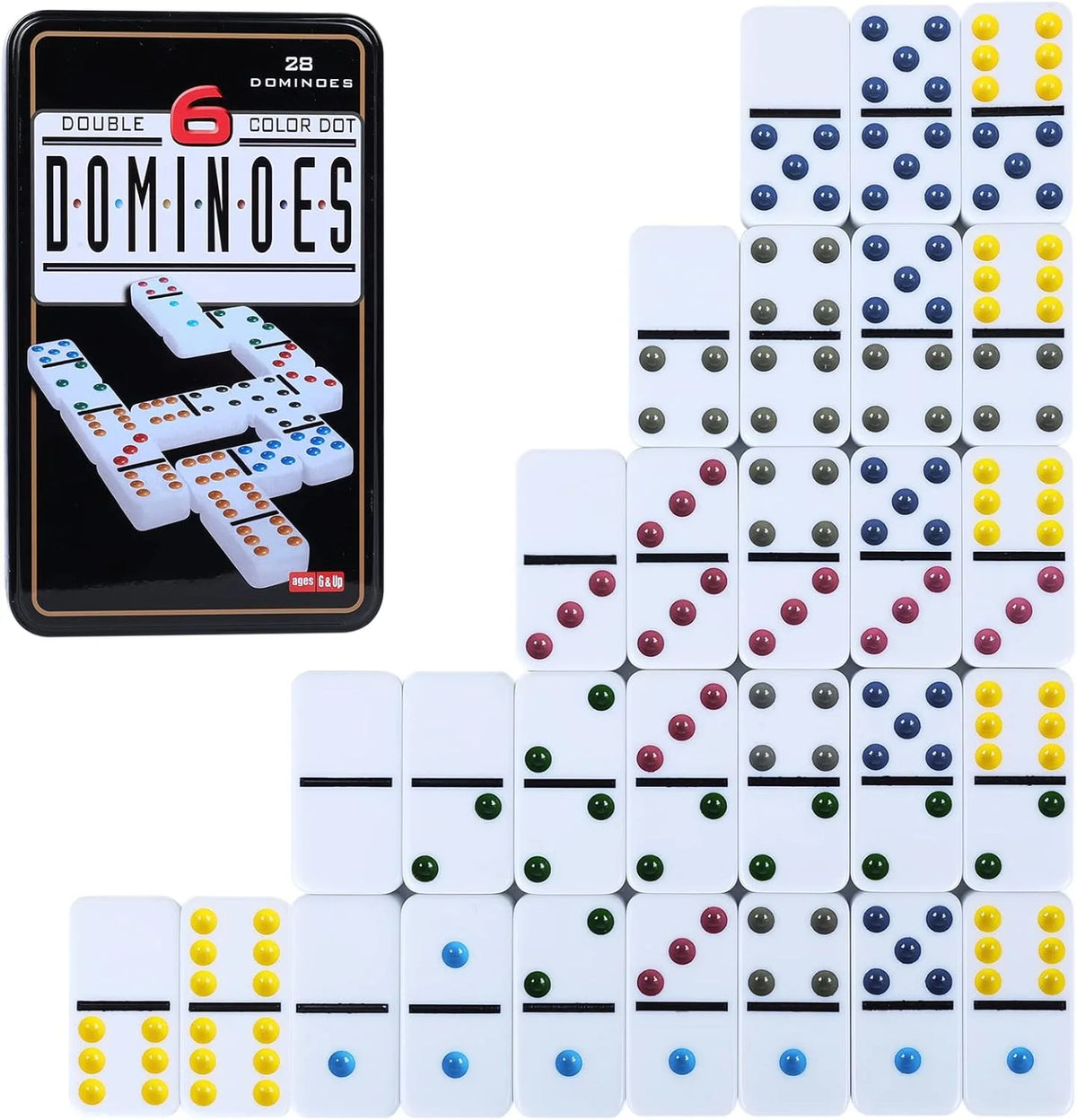 A set of 28 colorful domino tiles for a game featuring double sixes and various colored dots.