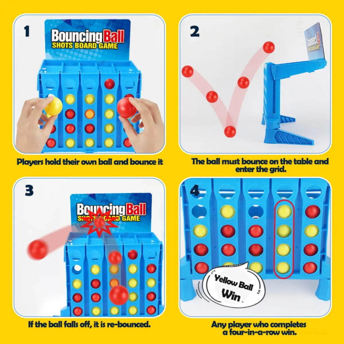 A set of blue Bouncing Ball shots board game components showing how players bounce balls into a grid to achieve a four-in-a-r