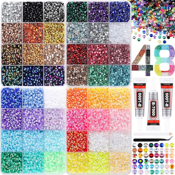 A large collection of multi-style rhinestones and glitter in various colors arranged in a grid for nail decoration.