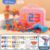 A pink plastic toolbox contains various drill bits, screws, and nuts for a dinosaur building toy set.
