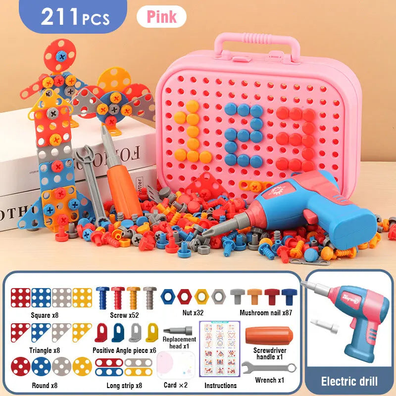 A pink plastic toolbox contains various drill bits, screws, and nuts for a dinosaur building toy set.