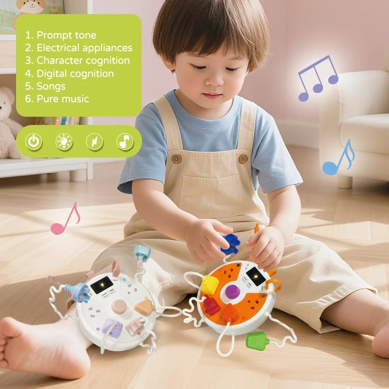 Montessori Busy Board with Light-Up Plugs – Sensory Travel Toy for Toddlers