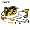 A yellow and black power tools kit for kids including a drill and various hand tools.