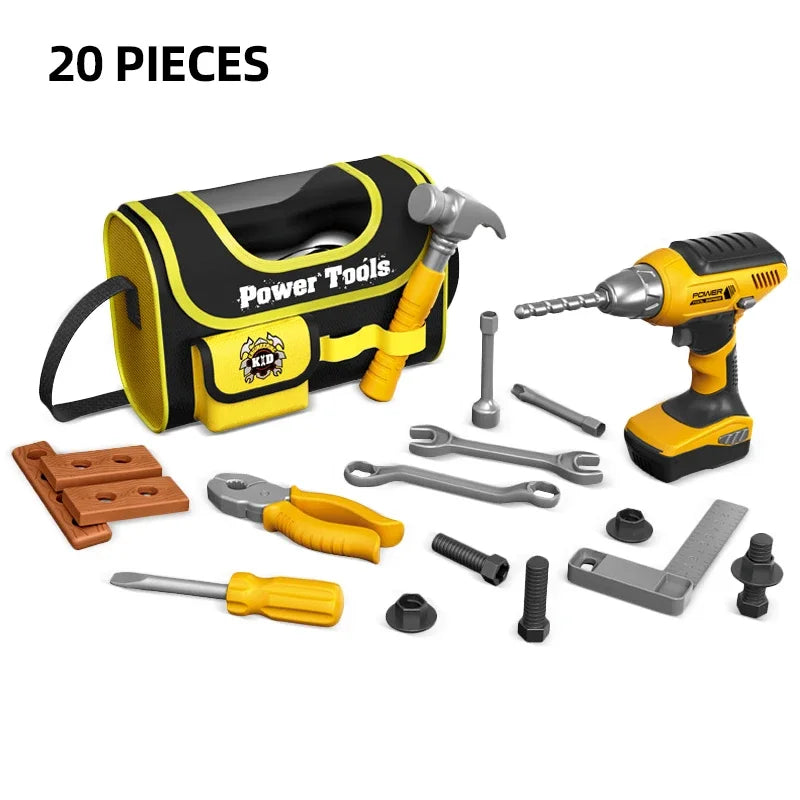 A yellow and black power tools kit for kids including a drill and various hand tools.