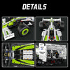 Detailed view of a 1:8 scale formula racing car building set showing various components and assembly parts.