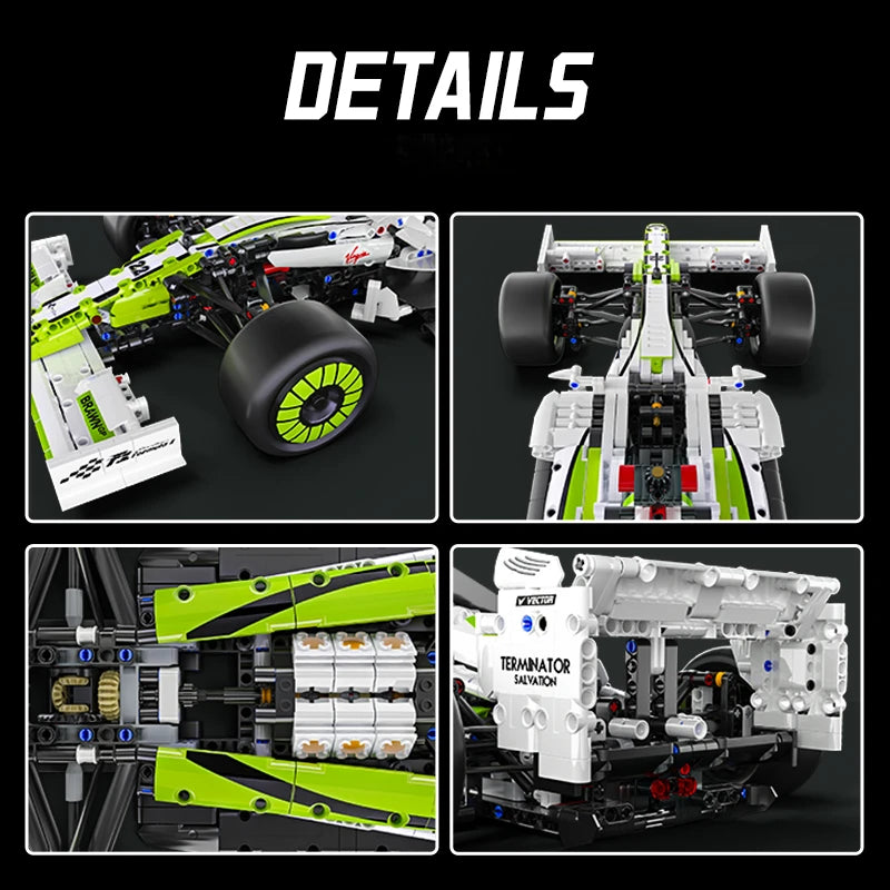 Detailed view of a 1:8 scale formula racing car building set showing various components and assembly parts.