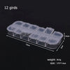 A rectangular plastic storage box with 12 individual compartments for organizing small items like jewelry or craft supplies.