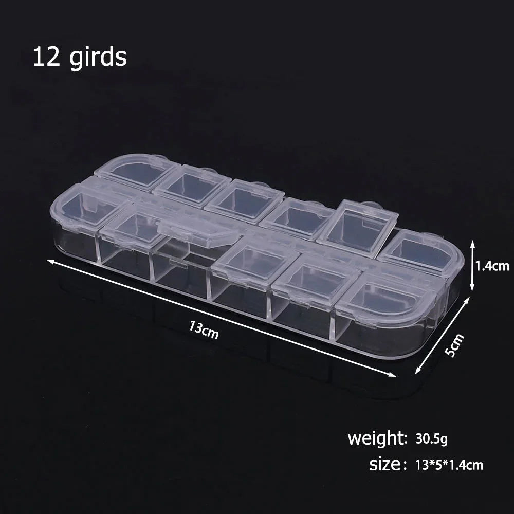 A rectangular plastic storage box with 12 individual compartments for organizing small items like jewelry or craft supplies.