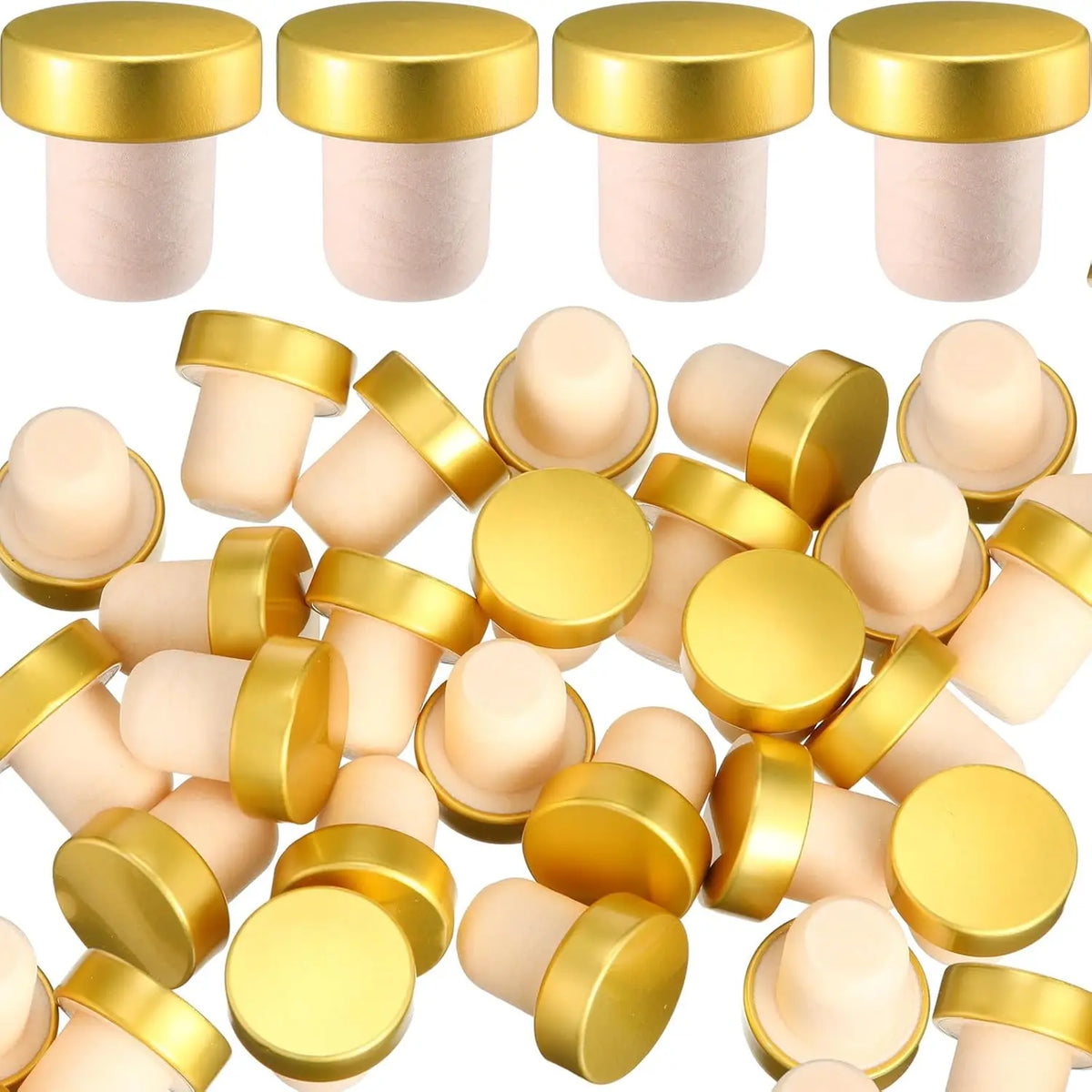 A set of ten reusable gold-colored T-shaped wine bottle stoppers with light pink or beige silicone inserts.