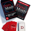 A box and several cards of the Dirty Minds party card game featuring a silhouette of a brain.