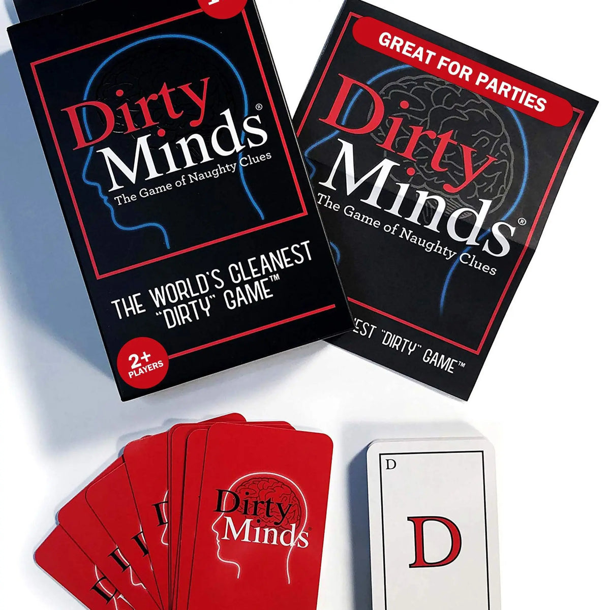 A box and several cards of the Dirty Minds party card game featuring a silhouette of a brain.