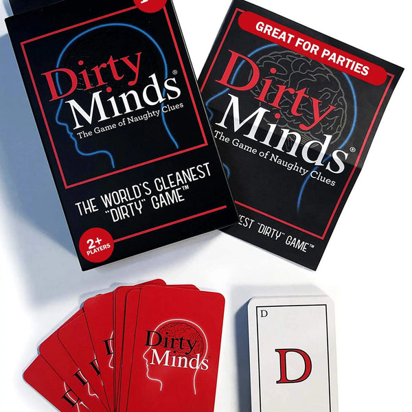 En æske og flere kort fra Dirty Minds partyspil med en silhuet af en hjerne.