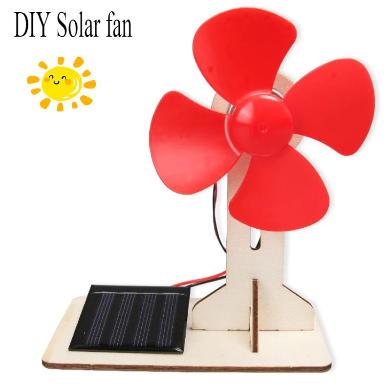 A DIY solar fan project showing a red fan attached to a wooden structure and a solar panel.