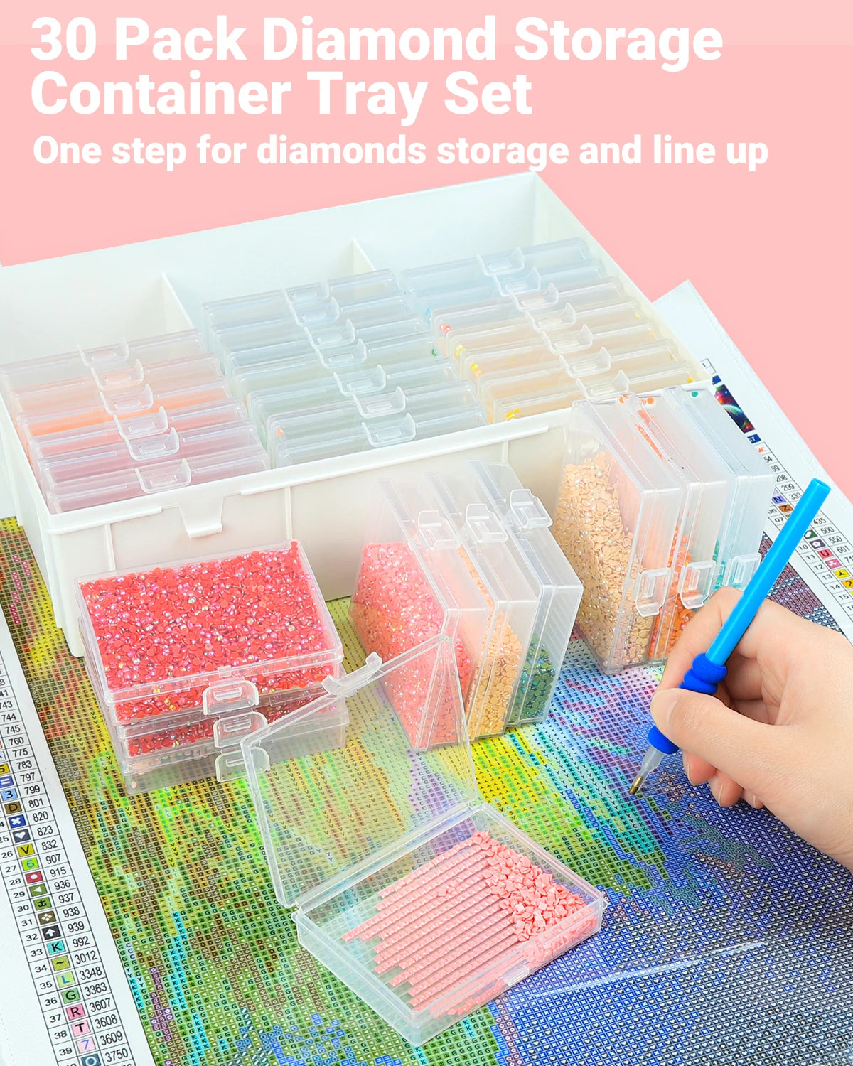 A set of 30 diamond storage containers and trays organized in a white rack for storing diamonds.