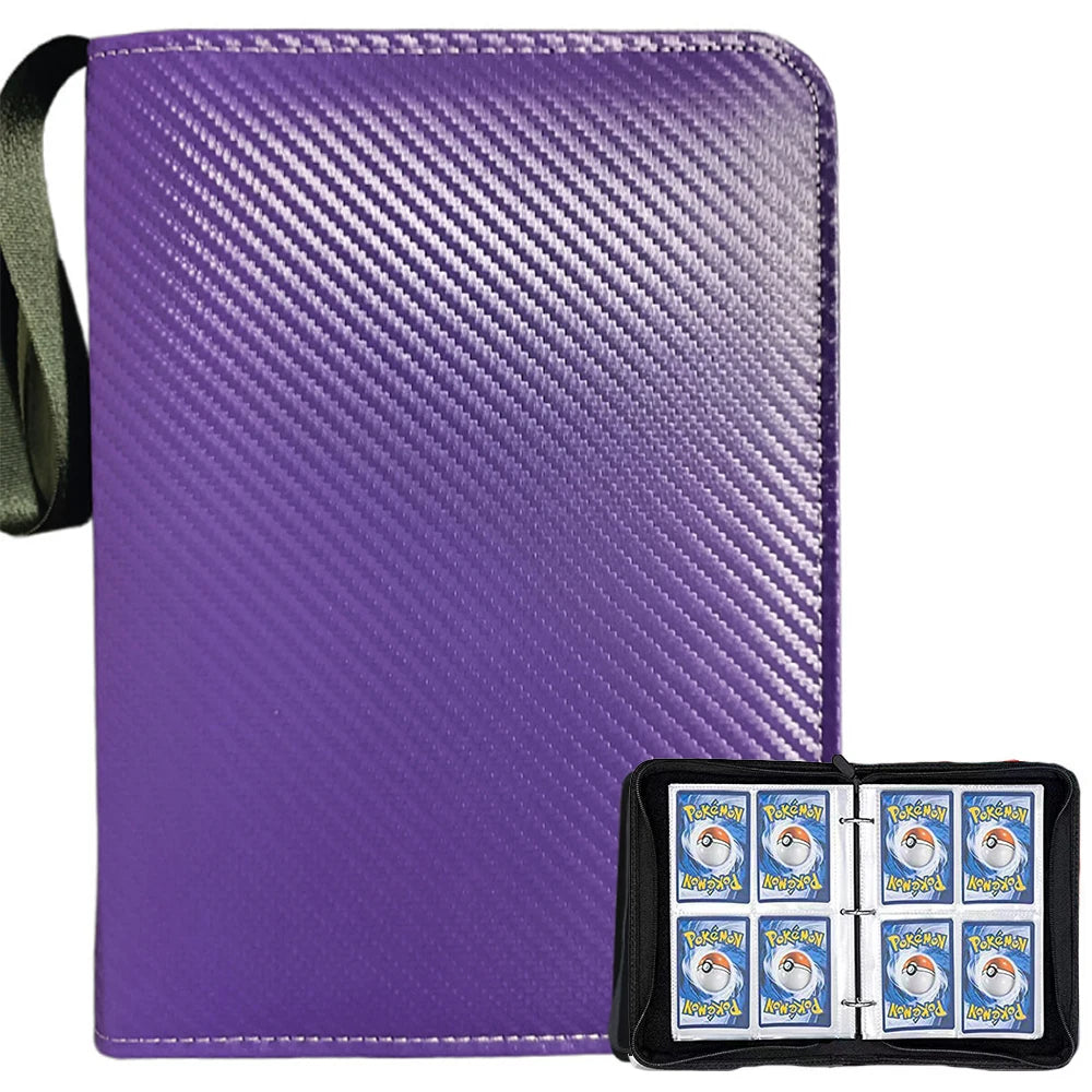Purple PU leather card binder with a zipper closure and a black strap.