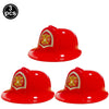 Three red firefighter helmets for kids displayed against a white background.