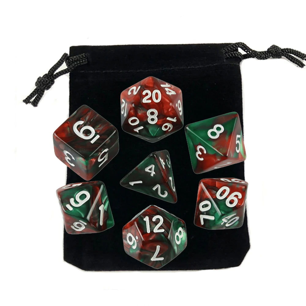 A set of polyhedral dice, including a d20 and d12, stored in a black fabric bag.