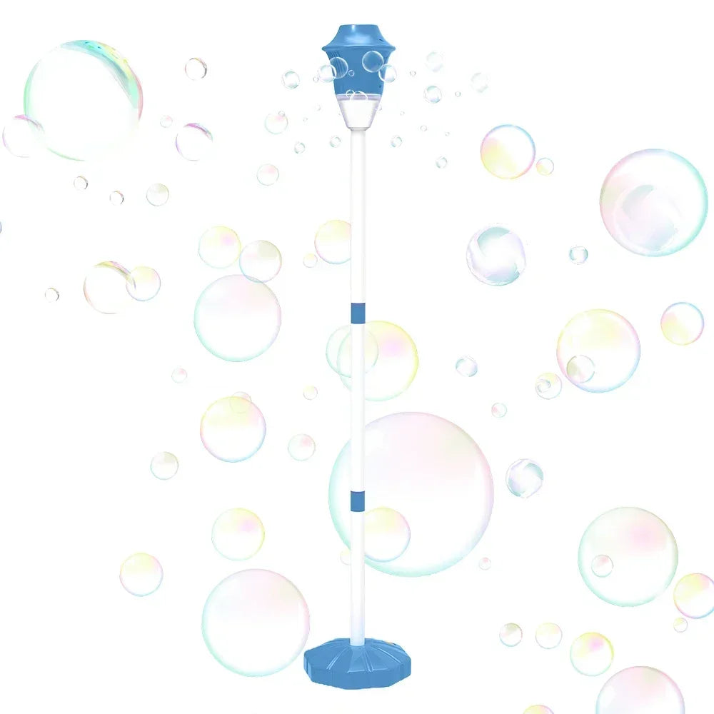A blue automatic sunflower bubble machine with a light is shown surrounded by floating soap bubbles.