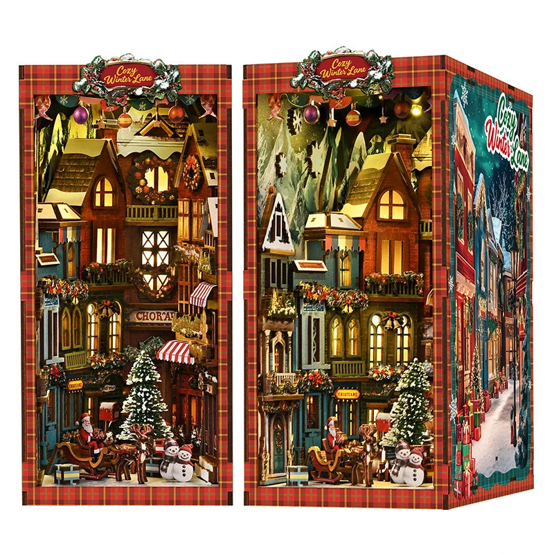 A detailed DIY wooden book nook kit depicting a festive Christmas street corner with miniature buildings and decorations.