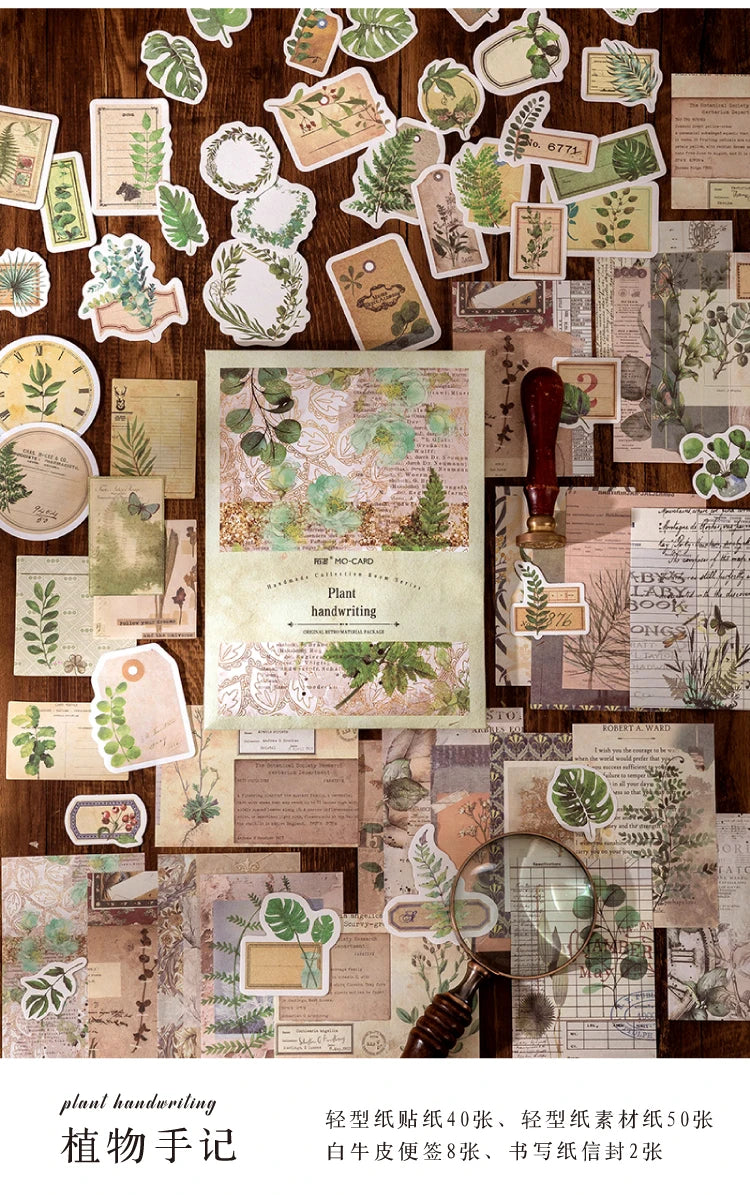 A collage of vintage botanical stickers and paper elements for plant handwriting crafts