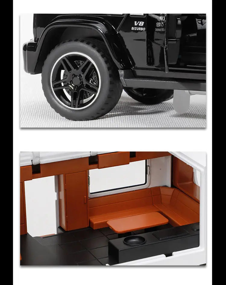 A black pickup truck with an V8 turbo engine and a custom wheel, shown alongside the interior of an RV camper truck model.