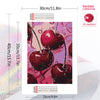A diamond painting kit featuring a realistic red cherry fruit, showing 24 sections and a round gemstone example.