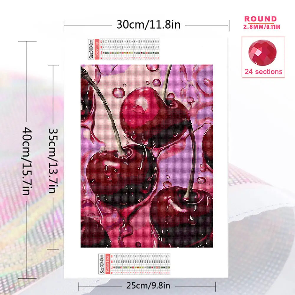 A diamond painting kit featuring a realistic red cherry fruit, showing 24 sections and a round gemstone example.