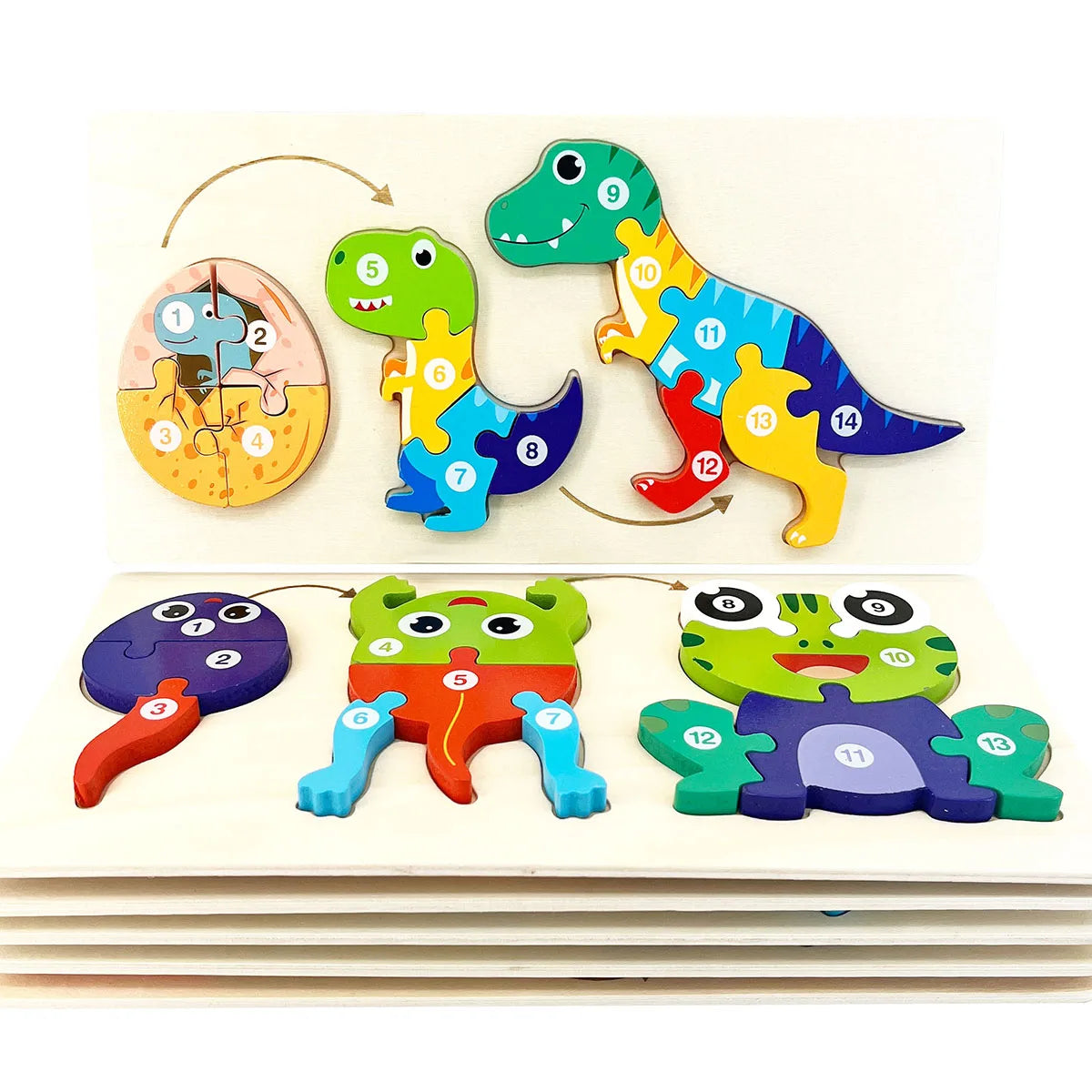 A wooden puzzle featuring a cartoon dinosaur with numbered pieces, demonstrating an educational grow and change concept.