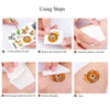 Six steps showing how to use temporary tattoos by cutting the pattern, removing film, attaching to skin, wetting paper, remov