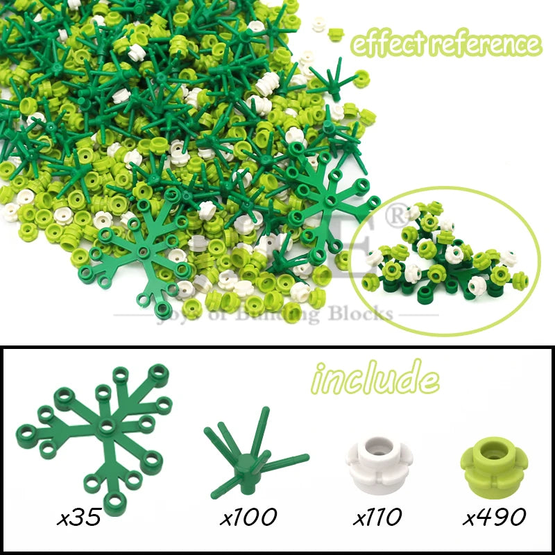 A collection of green and white Sakura Cherry Blossom Tree building blocks with various sizes included.