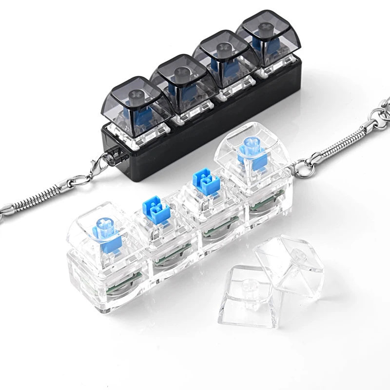A clear plastic fidget toy keyboard with blue buttons attached to a silver chain.