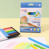 A box of twelve triangle plastic crayons is shown next to a set of colored crayons on a white paper.