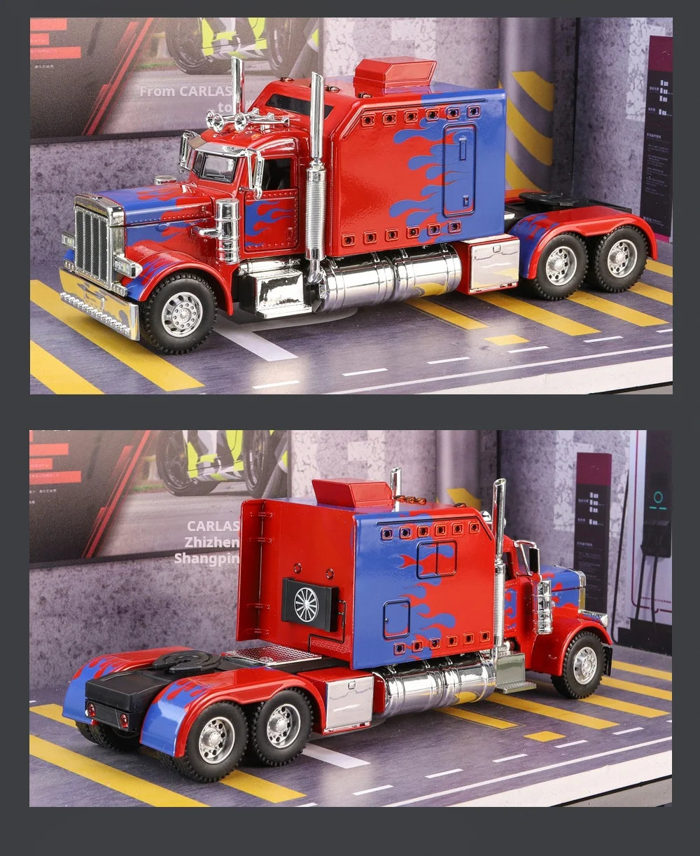A red and blue Peterbilt 389 scale diecast truck model with chrome accents displayed on a studio background.