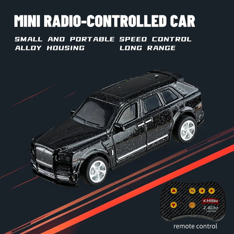 A black mini radio-controlled car with alloy housing is shown on a dark background.