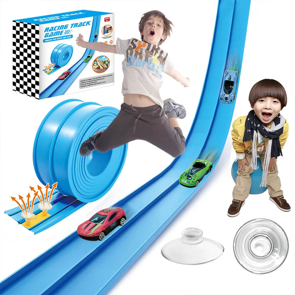 A child is playing with a blue plastic racing track game set featuring miniature cars and accessories.