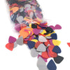 A collection of assorted colored celluloid guitar picks in various thicknesses.
