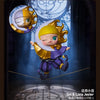 A collectible figure blind box of Sol & Luna Jester with golden hair and purple clothing against a dark blue background.