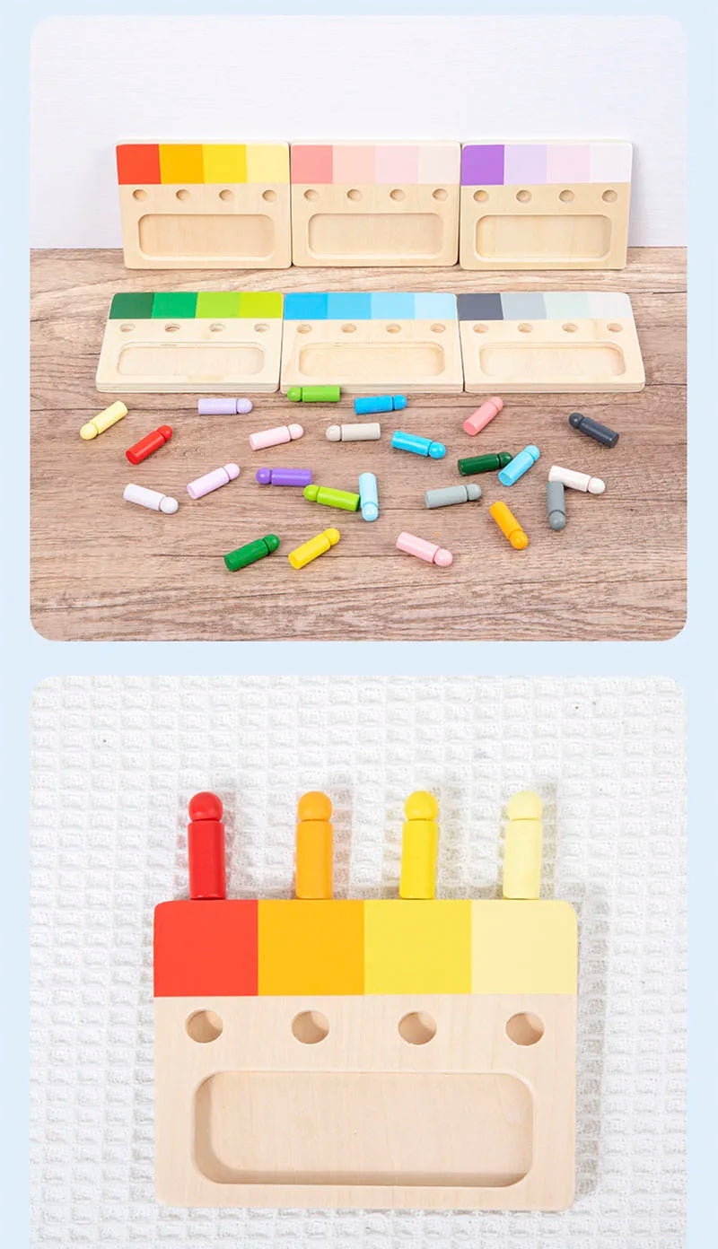 A set of wooden color matching blocks and a wooden tray with colored pegs for a Montessori toy.