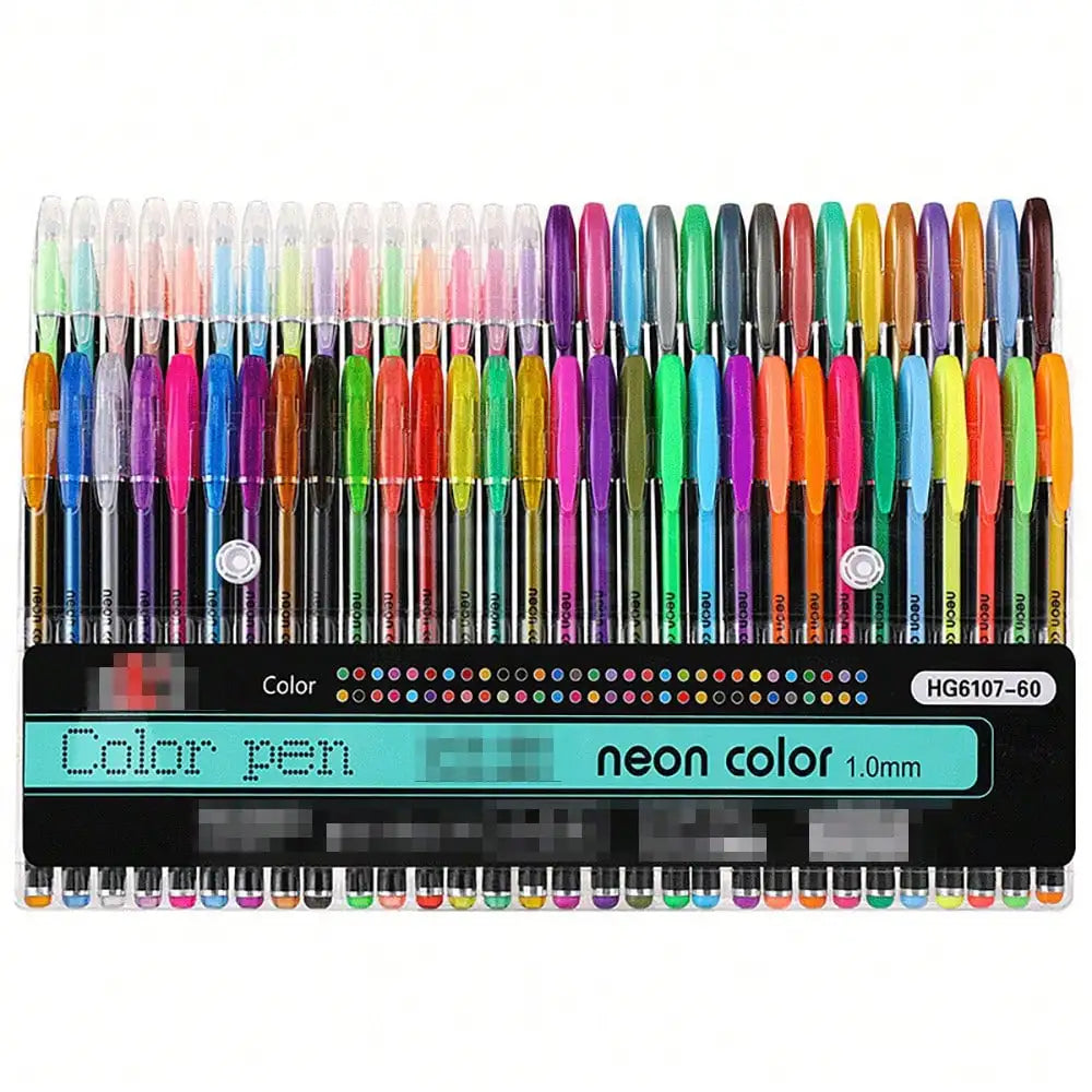 A set of metallic glitter gel pens featuring a wide array of bright colors and neon shades.