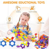 A girl is building colorful interlocking plastic blocks, demonstrating creativity and logic thinking.